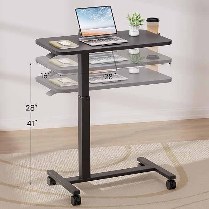 GTPLAYER Small Standing Desk with Lockable Wheels, Pneumatic Mobile Rolling Laptop Desk,Adjustable Height Overbed Bedside Table Computer Workstation for Home Office (28" W x 16" D, Black) - Image 3