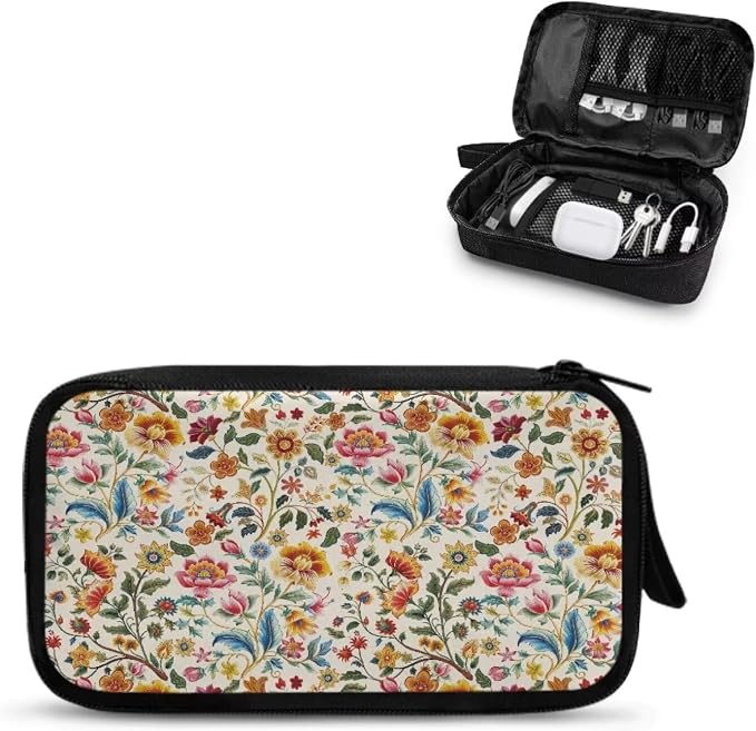 Bohemia Flower Print Electronics Organizer, Travel Cable Organizer bag, Portable Cord Storage/Charger Storage/Cable Storage, Compact Tech Bag & Charger Case by Unknown
