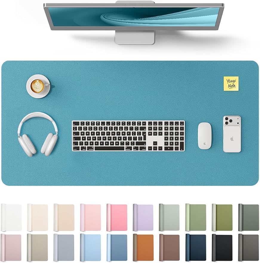 YSAGi Leather Desk Pad Protector, Office Desk Mat, Large Mouse Pad, Non-Slip PU Leather Desk Blotter, Laptop Desk Pad, Waterproof Desk Writing Pad for Office and Home (Turquoise, 35.4" x 17") by YSAGi