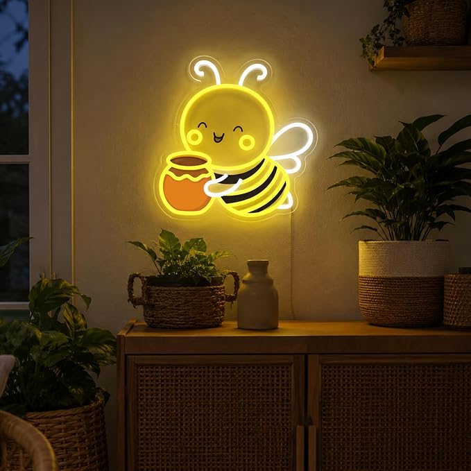 Bee Neon Sign Wall Art Cute Animal Neon Sign Honey Bee Lights Decor - Image 2