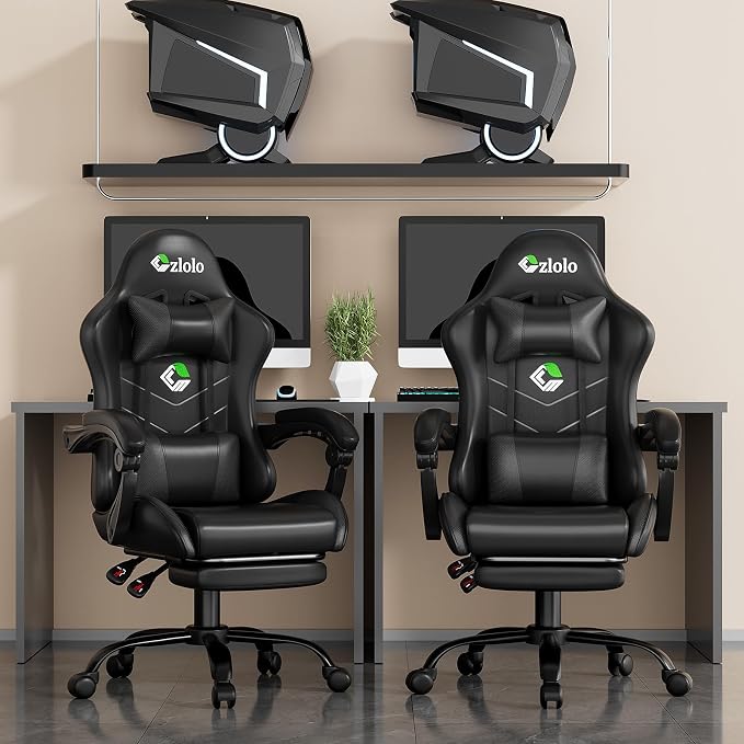 Czlolo Gaming Chair with Footrest Racing Style Lumbar Support Massager Video Game Chair with Metal Legs, High Back Gamer Chair with Headrest, 360° Swivel Office Computer Desk Chair (Black) - Image 2