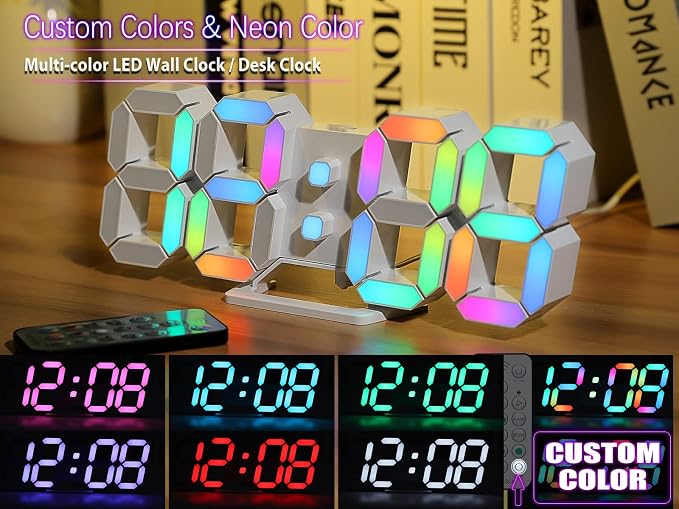 KOSUMOSU Wall Clock Neon Digital Clock 3D LED Desk Clock Large Display 9.7" RGB Clock Alarm Clock for Bedroom Living Room,Remote,Brightness Dimming, Date,Temp - Image 3