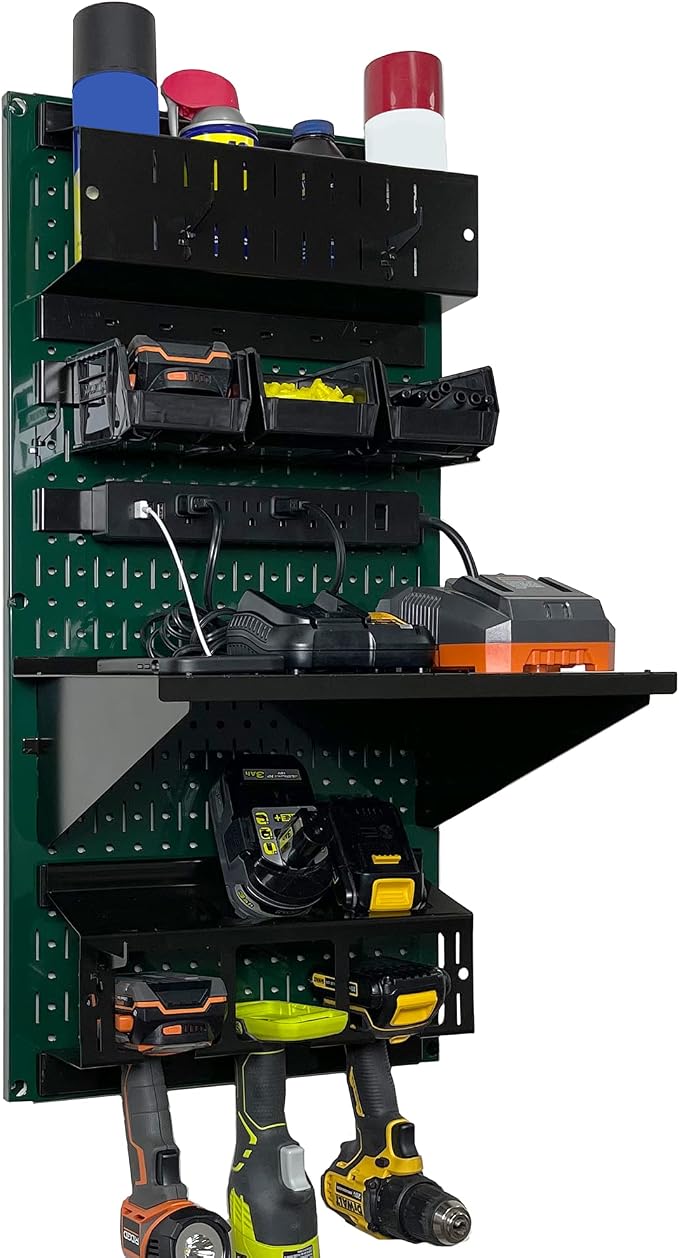 Wall Control Power Tool Storage Organizer Kit Cordless Drill Holder Charging Station Rack 16” x 32” Metal Pegboard Organization System (Green Pegboard) by Wall+Control