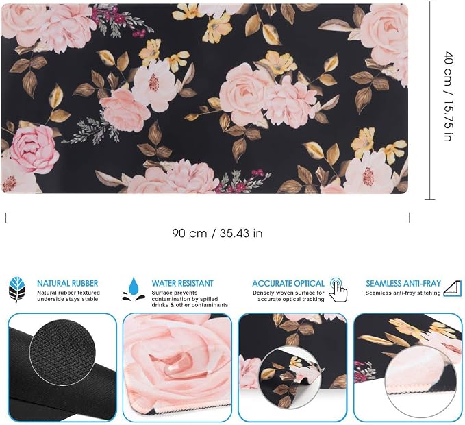 iCasso Extended Gaming Mouse Pad,XXL Desk Pad,Peony | Non-Slip Rubber Base Mousepad with Stitched Edges,Waterproof Keyboard Mouse Mat Desk Pad for Work Home Office - Image 4