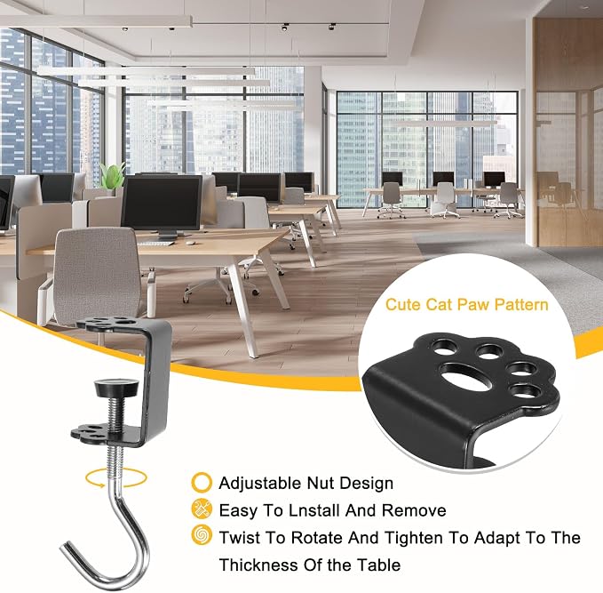 PATIKIL Desk Hook, 2Pcs Desk Mount Bag Holder Hook Cat Claws J Hooks for Hanging Bag Backpack Under Desk Clamp Purse Adjustable Headphone Table Closet Door Under Counter, Black - Image 5