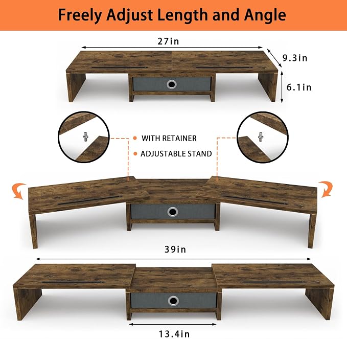 WESTREE Dual Monitor Stand Riser with Drawer, Monitor Stand Riser for 2 Monitors, Adjustable Length and Angle, 2 Solts for Phone & Tablet, Desktop Organizer Stand for Computer/Laptop/PC/Printer - Image 6