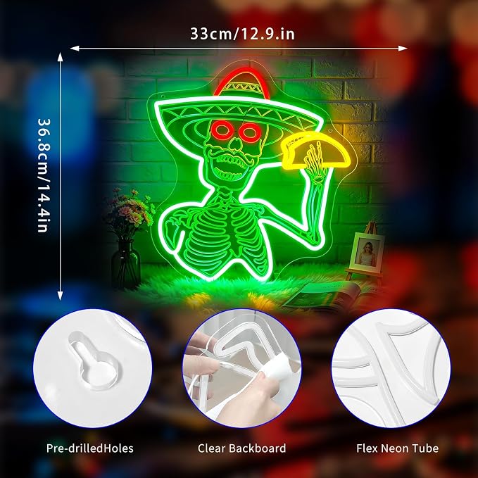 Neon Sign, Tacos Skul Neon Signs for Wall Decor LED Sign Neon Light - Image 3