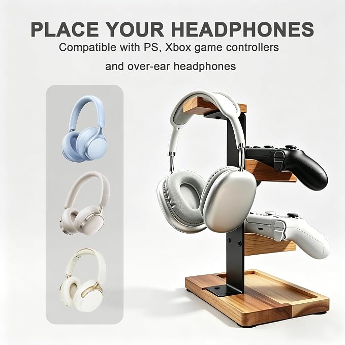 Acacia Wood Gaming Headset Stand & Dual Controller Holder, Solid Wood Desk Organizer Compatible with PS5, Xbox, Switch, Over-Ear Headphones, Gamer Gift for Men - Image 5
