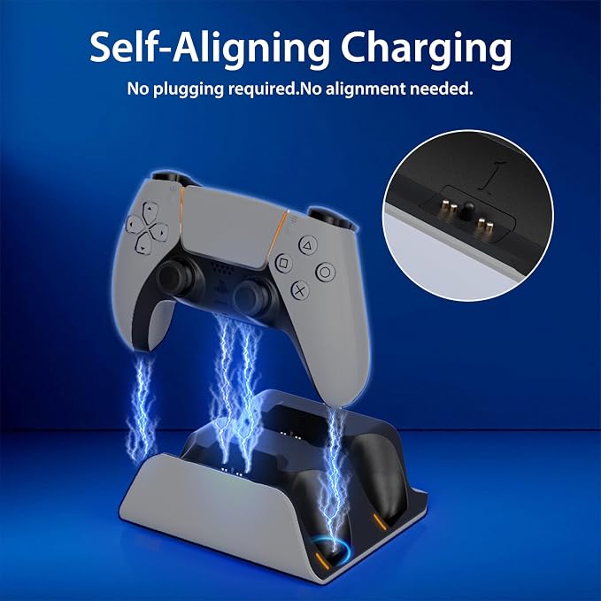 PS5 Controller Charger Station with LED Indicator,Self-Aligning Charging Dock,Dual Controller Fast Charging Dock,Desktop Display Stand for PlayStation 5 (Grey) - Image 3
