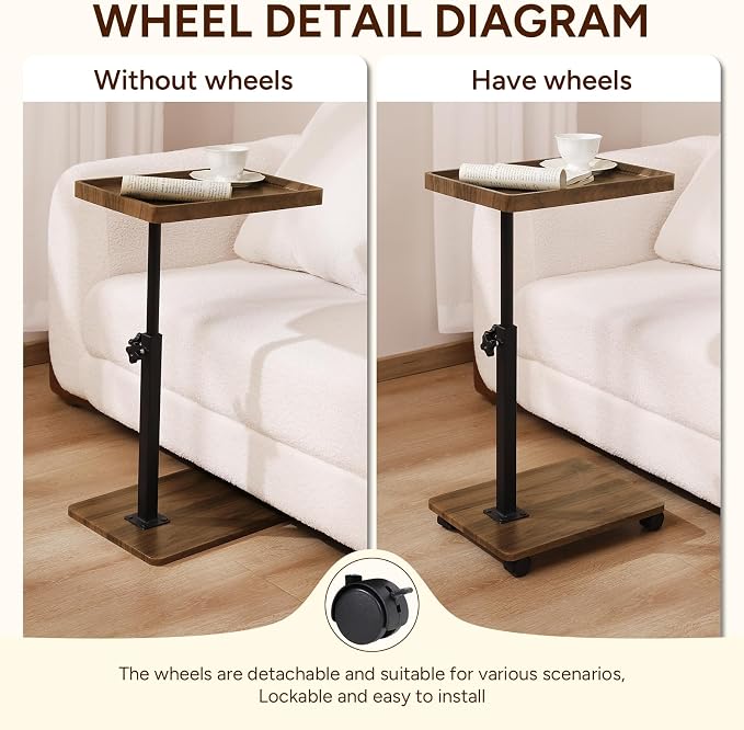 Adjustable C Table End Table, Side Table C Table with Wheels,360° Rotatable (20.7-34.9inches) Height Adjustable for Sofa/Bed/Bathtub, Walnut Wood & Black (15.7x11.8) - Image 5