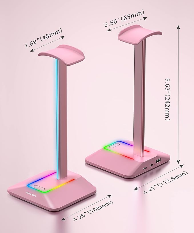 New Bee RGB Headphone Stand Gaming Headset Holder USB Charger Desktop Pink | USB-C & USB Charging Ports, Stable Desktop Earphone Stand for All Headphones Size - Image 5