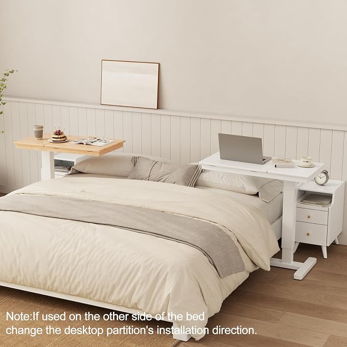 Muwuele Solid Wood Overbed Bedside Table with Wheels, Adjustable Medical Tilt Top Hospital Bed Table Over The Bed, Rolling Laptop Desk, Mobile Standing Desk for Hospital and Home Use (White) - Image 7