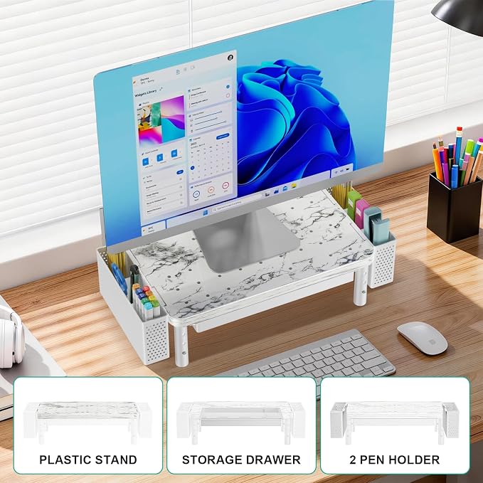 WALI Computer Monitor Stand with Storage and Pen Holder | 3 Height Adjustable Desk Organizer with Drawer, Desk Laptop Monitor Riser for Computer, Printer(PTT003-M), 1 Pack, Marble - Image 6