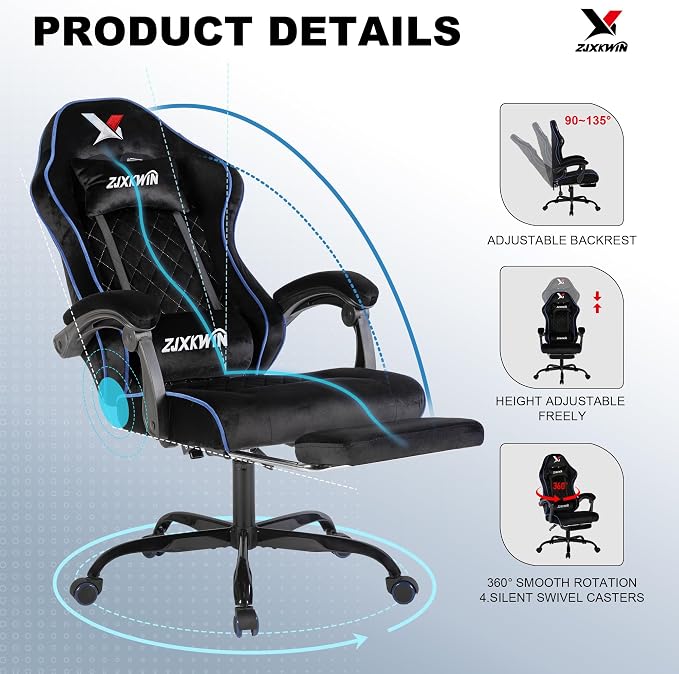 Velvet Gaming Chair, Ergonomic High Back Racing Chair with Footrest, Spring Wide Cushion, Adjustable Headrest & Lumbar Support, 90-135° Recline, 360° Swivel, 300lbs for Home Office, Blue - Image 4