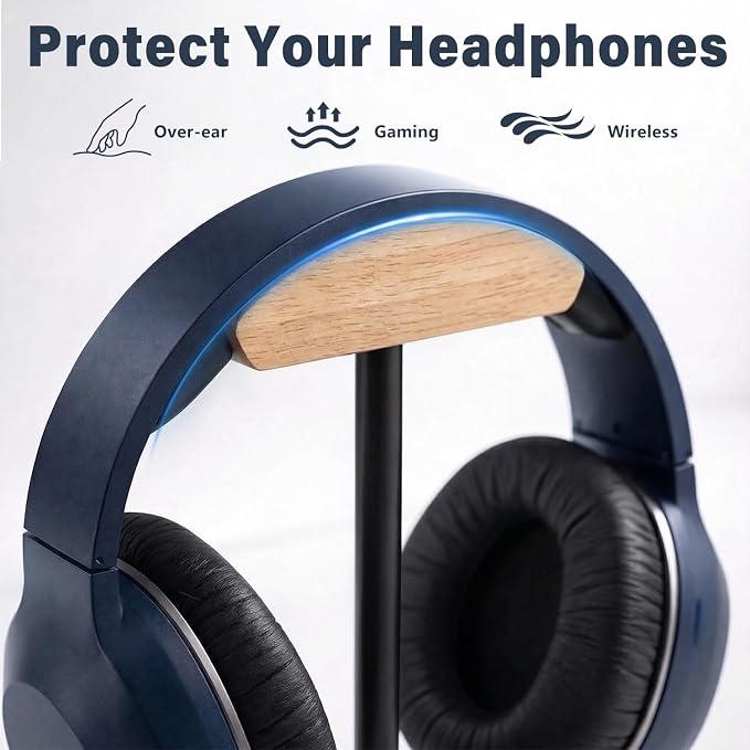 Wood & Metal Headphone Stand, Desktop Headset Holder with Stable Non-Slip Bamboo Base, Universal Headphone Hanger for Gaming Headsets, Office Desk, Home, Gift - Image 4