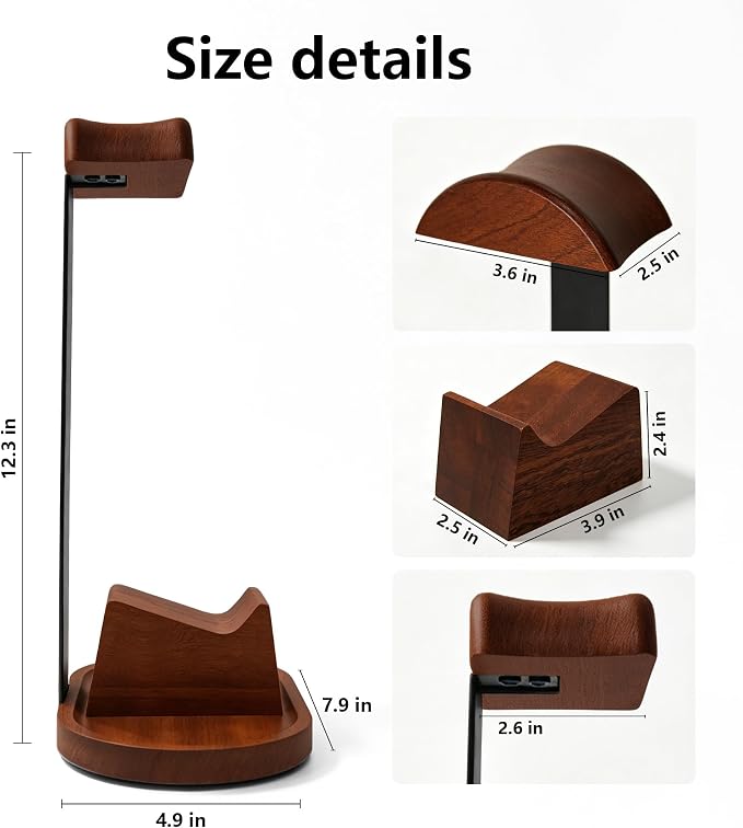 Wooden Headphone Stand for Desk,Controller Stand for Desk with Storage Base | Controller and Headset Stand,Headset Holder with Gaming Controller Holder (Walnut) - Image 8