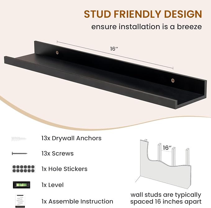 Picture Ledge Shelf, Floating Shelves for Wall Decor, Black, Set of 6, 24'' - Image 5