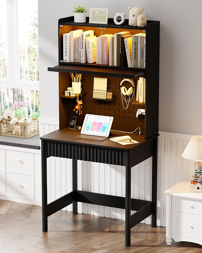 HNEBC Black Computer Desk - with Power Outlets & Chariging Station,Small Writing Desk with Hutch and Drawers,66.3''H Office Desk with Pull-Out LED Lights,Pop-up Glass Door,Pegboards,Bedroom by HNEBC