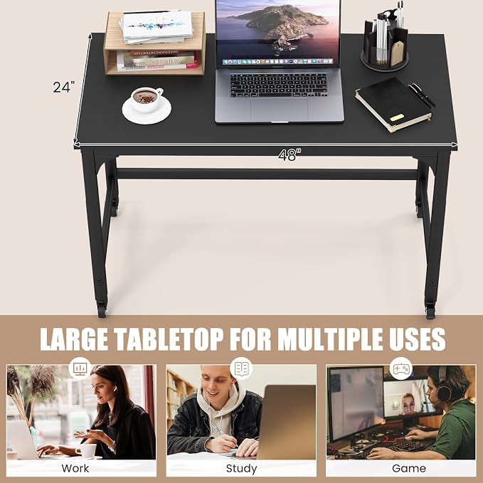 COSTWAY 48” Mobile Computer Desk, Home Office Desk on Wheels, Simple Study Writing Table with 4 Lockable Wheels, Metal Frame, Rolling Laptop PC Table for Small Space (Black) - Image 5