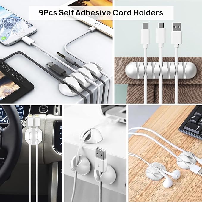193 PCS Cable Management Kit - 4 Cable Sleeve, 57 Self Adhesive Cable Clips, 12 Hanging Strips, 12 Cable Organizer Straps and 100 Fastening Cable Ties for TV Computer Under Desk (White) - Image 3