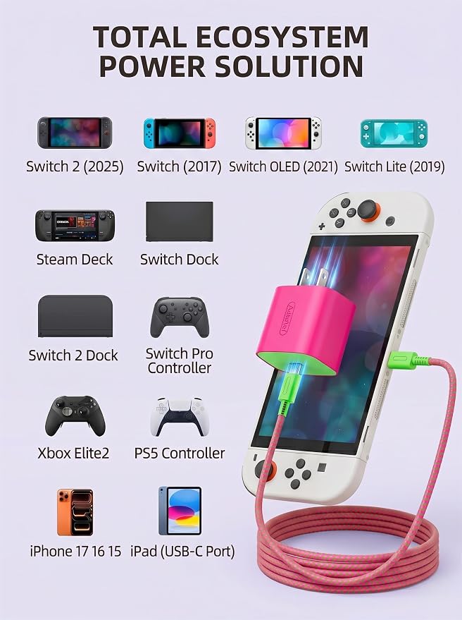 TPC 60W Charger for Nintendo Switch 2, 20V 3A AC Adapter Fast Charging with 6.6FT Braided USB-C Cord, Compatible with Switch 1, Lite, OLED, Steam Deck, Support 4K TV Mode (Magenta & Green) - Image 9