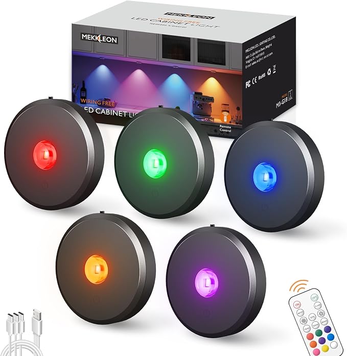 RGB Puck Lights with Remote Control, 2000mAh Rechargeable Stick on Led Lights, 9 Colors & 2 Dynamic, Tap Light with Timing,Under Cabinet Lighting for Closet,Kitchen,Cabinet,Shelf,Grey, 5 Pack by MEKKLEON