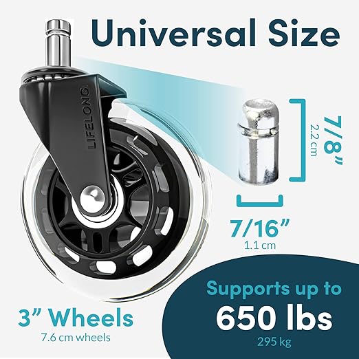 Lifelong Office Chair Wheels Replacement, Heavy Duty, 10 Pack Fits 98% | Original Rubber Caster, Desk Wheels, Smooth & Quiet, Safe for Hardwood Floors & Carpet, Replace Office Chair Mats - Image 4