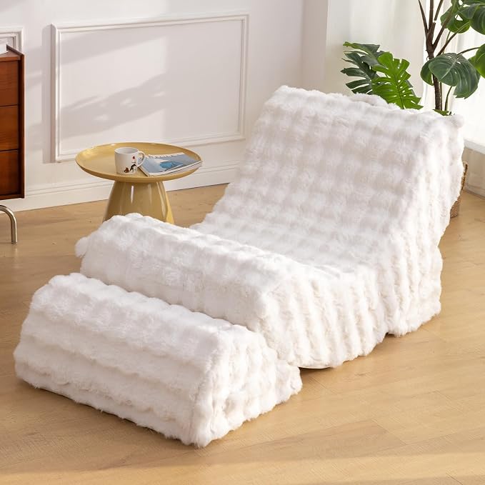 3-in-1 Adjustable Zero Gravity Floor Chair, Oversized Faux Fur Boneless Chair for Adults with Memory Foam & Washable Cover, Silent Rocker Recliner Lounge Chair for Reading, Nursing, Gaming, WhiteGrid | Zero Gravity Comfort as a Rocker, Chaise Lounger o... by SnugSofeeFoamSofa