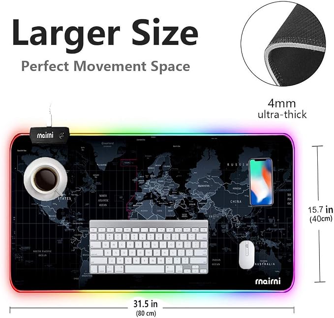 Extended RGB Gaming Mouse Pad, Extra Large Gaming Mouse Mat for Gamer, Waterproof Office Desktop Mat with 10 Lighting Mode, for PC Computer RGB Keyboard Mouse - 31.5'' x 15" x 4mm(Map) - Image 9