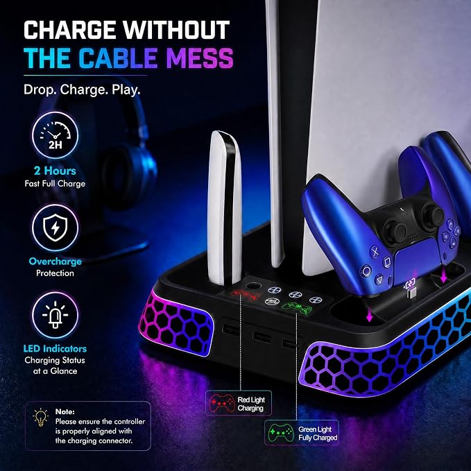 PS5 Stand with Hexagon RGB Aesthetics,PS5 Cooling Station for PlayStation 5 Slim Pro Disc Digital Console with Cooling Fan,Dual Controller Fast Charger USB Hub Headset Holder Game Storage (Black) - Image 3