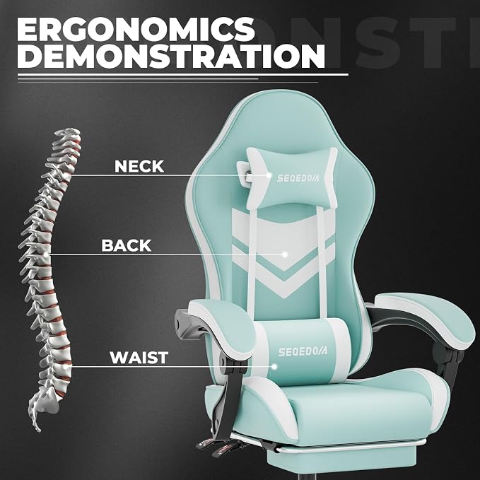 Gaming Chair with Footrest & Massage Lumbar Support, PU Leather Ergonomic High Back Swivel Height Adjustable Chair for Adults, Office Gaming, 300 lbs (Green White) - Image 7