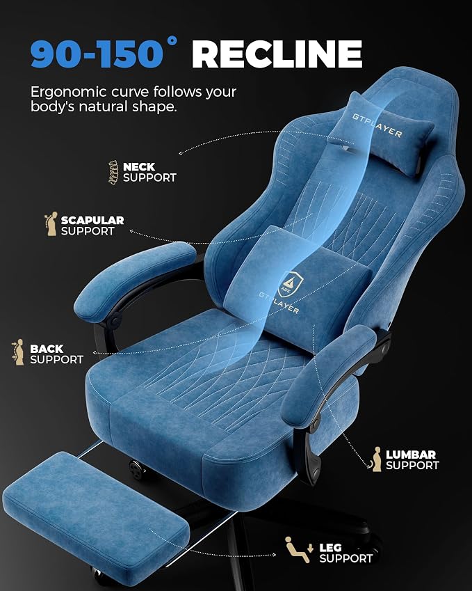 GTPLAYER Gaming Chair, Video Game Chairs with Footrest, PC Gamer Chairs for Adults - Padded High Back Ergonomic Reclining Silla Gamer, Linkage Armrest, Ace Pro, Blue (Velvet) - Image 6