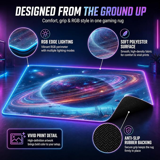 Gaming Rug RGB LED Light (3x5 Cosmic Ring) - Bedroom Gamer Rug Floor Mat Gaming Decor - Kids Room Rug Anti Slip Mat for Gamer Chair – Play Game Room Décor for Teen, Boys, Kids - Image 6