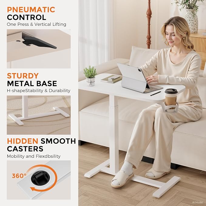 GTPLAYER Small Standing Desk with Hidden Wheels, Pneumatic Mobile Rolling Laptop Desk, Adjustable Height Overbed Bedside Table Computer Workstation for Home Office (32" W x 16" D, White) - Image 6