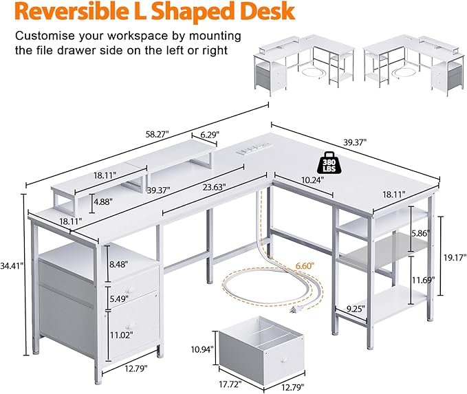 Furologee White 59” L Shaped Desk with Power Outlet, Reversible Computer Desk with File Drawer & 2 Monitor Stands, Corner Home Office Table with Storage Shelves for Gaming Writing - Image 3