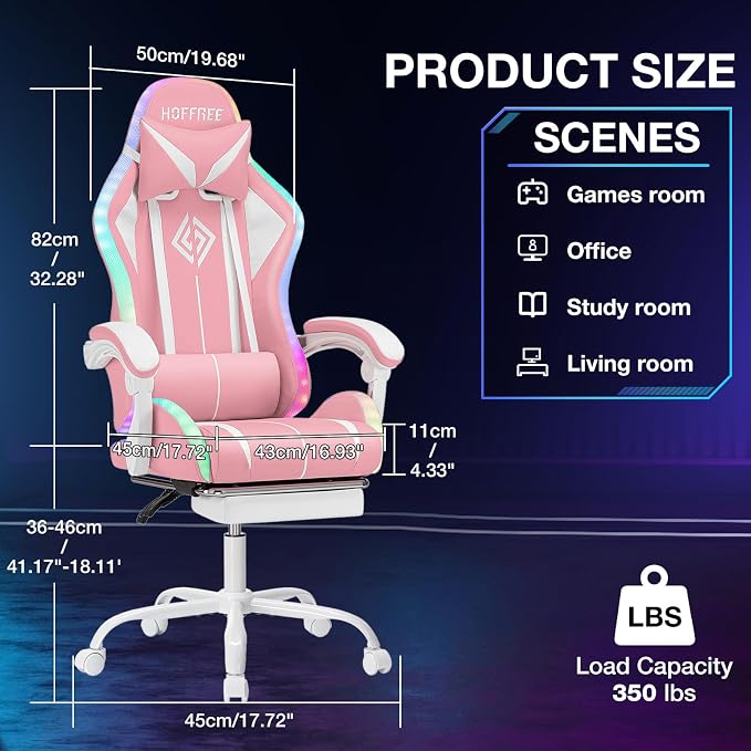 Pink Gaming Chair with RGB LED Lights Massage Computer Chairs for Girls | High Back Video Game Chair with Footrest & Adjustable Lumbar Support Ergonomic Gamer Chairs for Women Racing Style Recline - Image 2