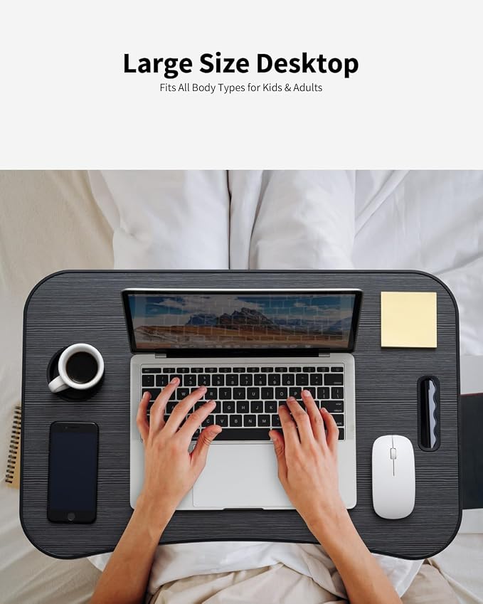 Foldable Lap Desk, Laptop Bed Desk, Portable Lap Table, Laptop Bed Table with Cup Holder & Tablet Slot & Lifting Handle for Working Writing Drawing & Eating - Black Wood - Image 3