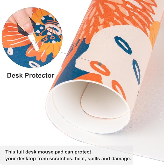 QiyI PU Leather Large Mouse Pad, Office Decor, 31.5" x 15.7", Orange Flower | Desk Décor Accessories, Extended Size, Waterproof & Easy to Clean, Smooth Surface, Non Slip Desk Organization - Image 5