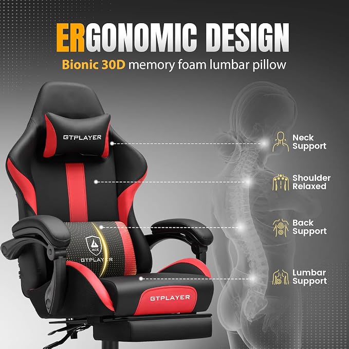 GTPLAYER Gaming Chair with Foot Rest & Pocket Spring Cushion, Ergonomic High Back Computer Chair with Headrest & 360°-Swivel Seat for Home Office Desk, PU Leather, Red - Image 4