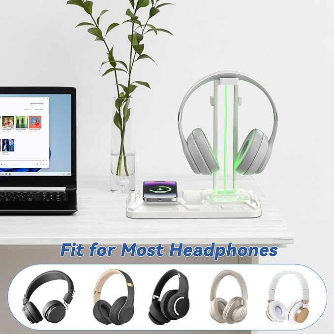 KDD RGB Headphone & Controller Stand with Wireless Charging - Rotatable Headset Stand with 9 Light Modes - Controller Holder with 2 USB and Type C Ports - for Gamers Desktop Accessories(White) - Image 5