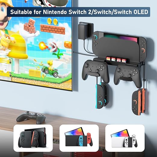 Wall Mount for Nintendo Switch 2 /Switch OLED/Switch Console, Switch 2 holder with Storage 8 Card Slots,2 Pro Controller and 4 Joycon Hanger-Install Behind TV, Black - Image 2