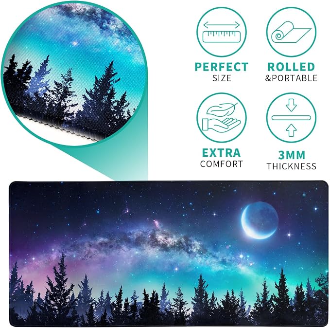 Extended Gaming Mouse Pad, XL Large Keyboard Mouse Mat Desk Pad, Stitched Edges Mousepad, 3mm Thick Long Non-Slip Rubber Base Mice Pad, 31.5 X 11.8 Inch, Forest Moon Galaxy - Image 5