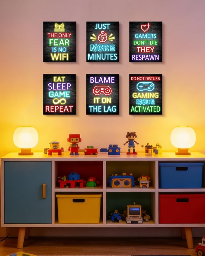 Video Gamer Room Decor for Teen Boys Gaming Wall Art Gamer Neon Sign Teenage Bedroom Decor Ready to Hang Set of 6, 8x10in (Black Framed) - Image 8