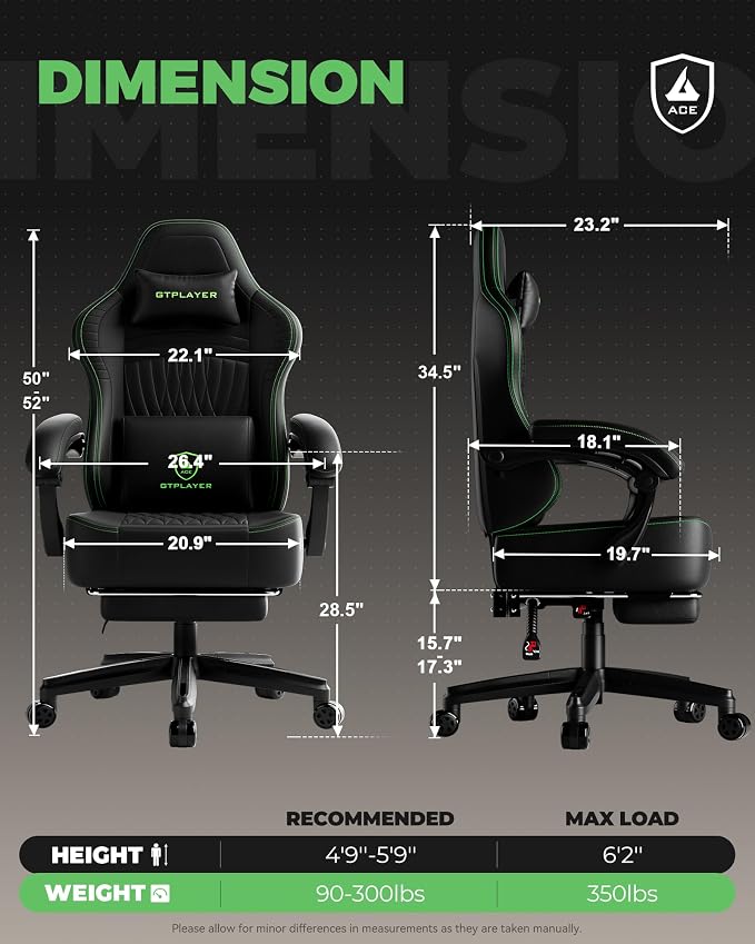 GTPLAYER Gaming Chair, Video Game Chairs with Footrest, PC Gamer Chairs for Adults - Padded High Back Ergonomic Reclining Silla Gamer, Linkage Armrest, Ace Pro, Black Green - Image 2