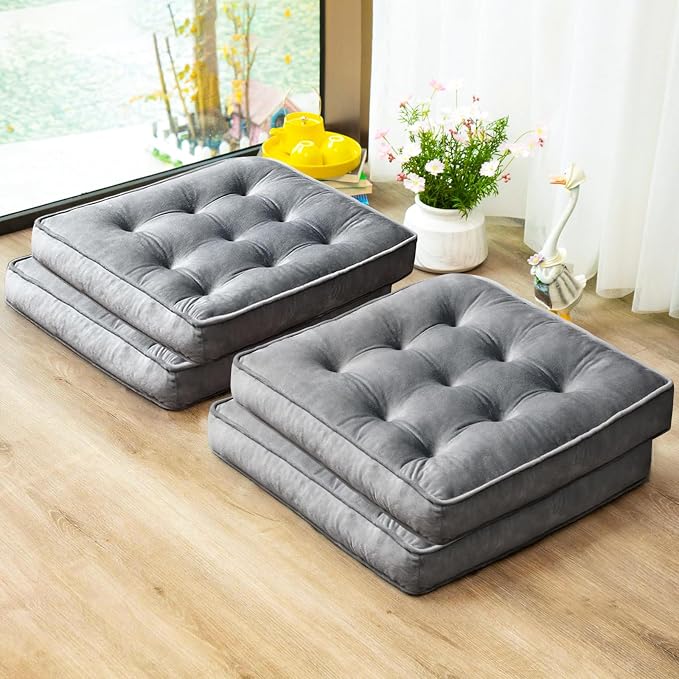 1 MIDDLE ONE Floor Pillow Set of 4, Memory Foam Meditation Cushion, Floor Cushions for Adults Sitting, Large Square Seat Cushions for Yoga, Living Room, 20x20 Inch (Grey) by 1MIDDLEONE