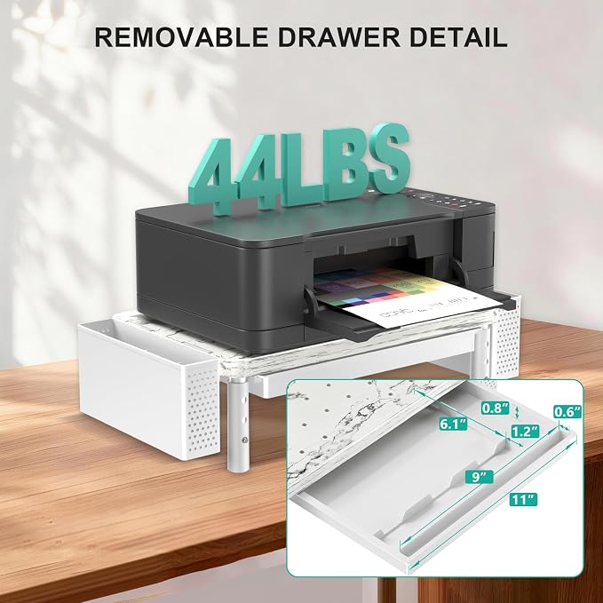 WALI Computer Monitor Stand with Storage and Pen Holder | 3 Height Adjustable Desk Organizer with Drawer, Desk Laptop Monitor Riser for Computer, Printer(PTT003-M), 1 Pack, Marble - Image 5