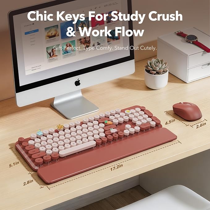 Wireless Keyboard and Mouse Combo, Wine Red Retro Typewriter Style Keyboard with Round Keycaps and Magnetic Wrist Rest, 2.4GHz Wireless for Mac, Windows PC, Laptop, Home Office, School, SABLUTE CK23 - Image 8