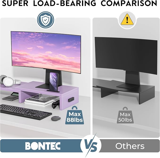 BONTEC Dual Monitor Stand Riser, Adjustable Length & Swivel Angle, Purple | Ergonomic Wooden Desktop Organizer with Smartphone Holder, Computer Monitor Stand for PC, Laptop,Printer and Large Storage - Image 6