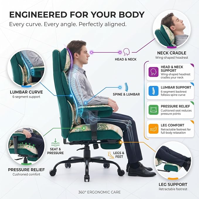 Efomao Watercolor Fabric Executive Office Chair Home Foot Rest, Green | Soft Breathable Computer Desk Seat, Plush Comfy Cushion, Aesthetic Pastel Floral Patterns for Studio Vanity Cozy Setup - Image 3