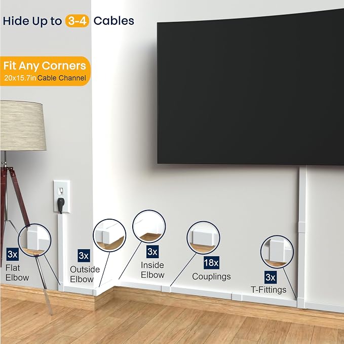 Cord Hider, Wire Cover, Cord Covers Wall Mounted TV, Cable Hider, 315 in Paintable White Raceway Kit, Electrical Cords Concealer, Cable Management, Hide Cords Wall, Wire Molding, Adhesive Channel - Image 2